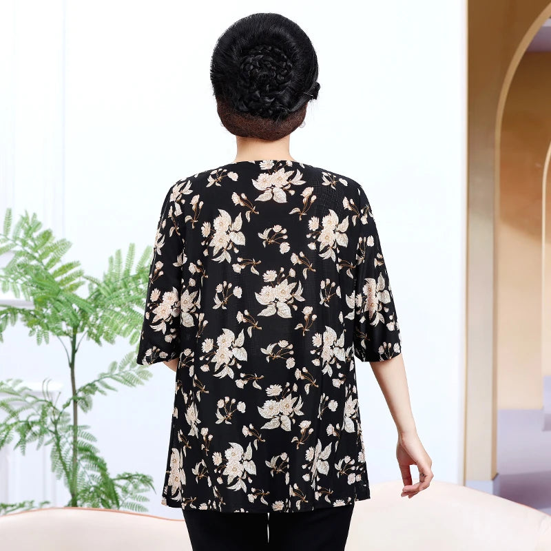 Plus Size Floral Pleated Loose T-Shirt