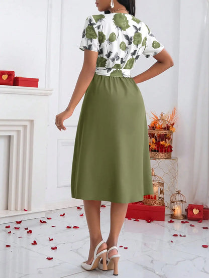 Women’s Floral Print Tie Waist Midi Dress