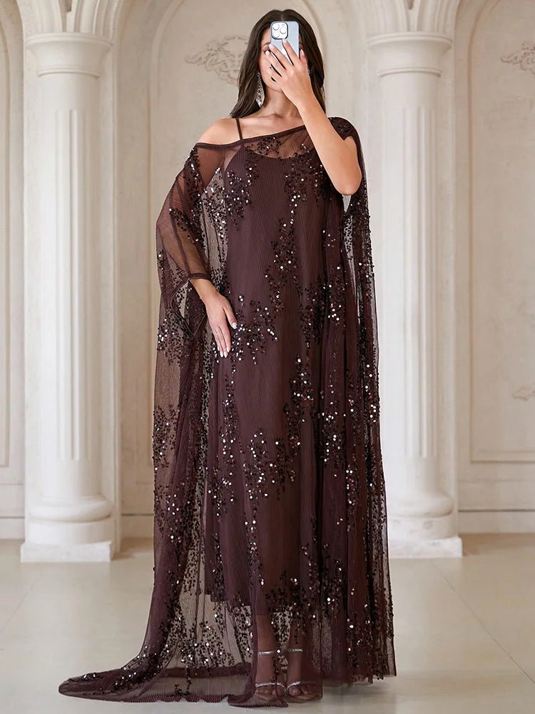 TOLEEN Sequin Ruffle Batwing Sleeve Robe Dress