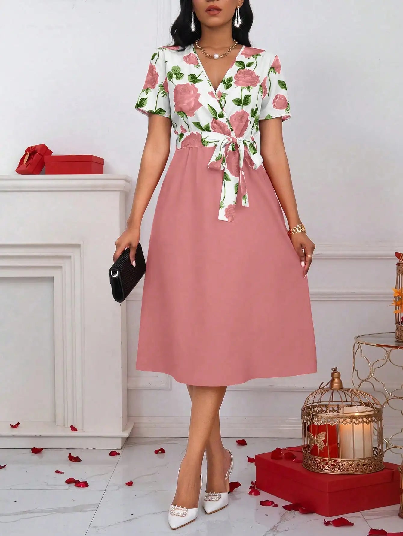 Women’s Floral Print Tie Waist Midi Dress