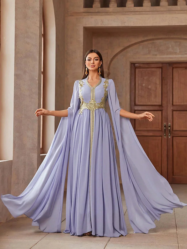 TOLEEN Embroidered Cape Sleeve Arabian Evening Dress
