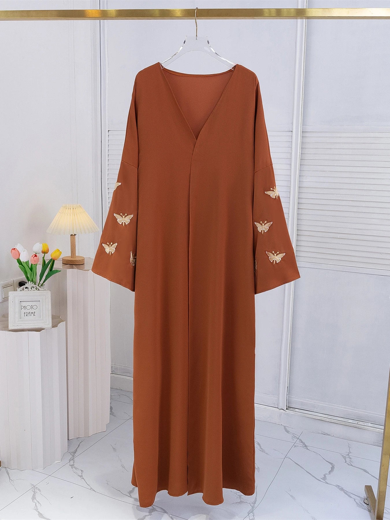 Butterfly Embroidered Open Front Abaya Maxi Dress for Women