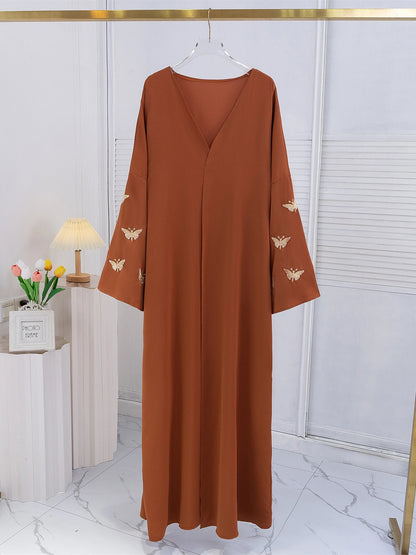 Butterfly Embroidered Open Front Abaya Maxi Dress for Women