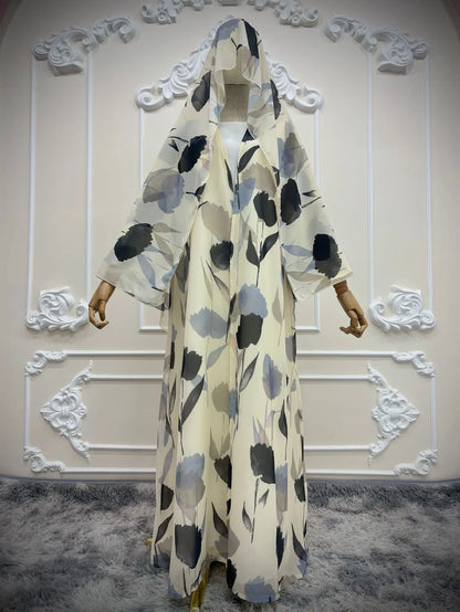 Watercolor Floral Print Abaya & Hijab 2-Piece Set for Women