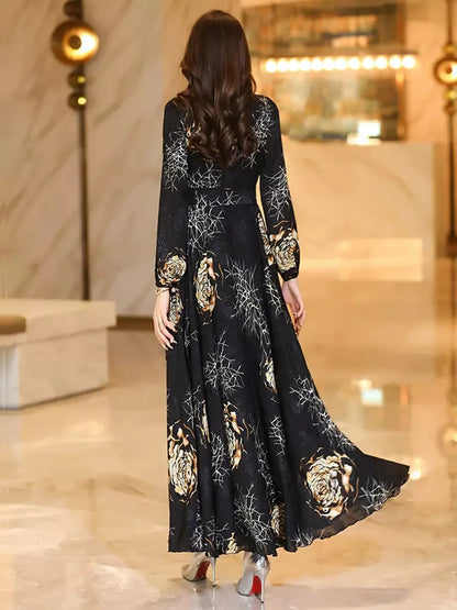 Women’s Printed V-Neck Long Sleeve Maxi Dress