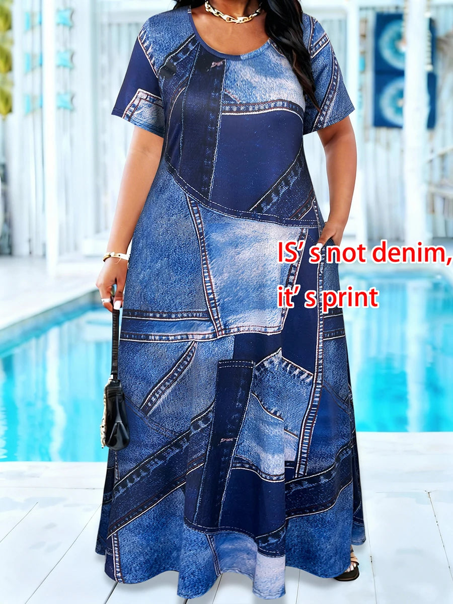 Plus Size Denim Print Maxi Sundress