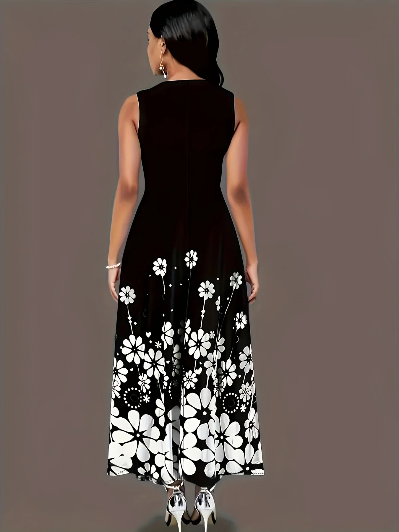 Women’s Black & White Floral Sleeveless Maxi Dress