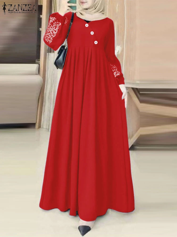 ZANZEA Printed Lantern Sleeve Pleated Abaya Maxi Dress for Women