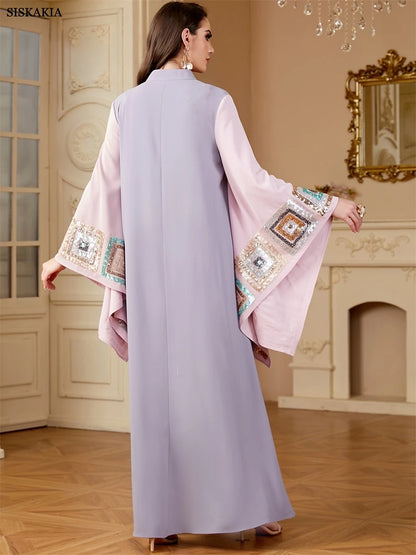 Siskakia Sequin Patchwork Batwing Sleeve Abaya Dress for Women