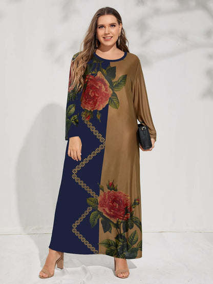Plus Size Floral Contrast Long Sleeve Dress