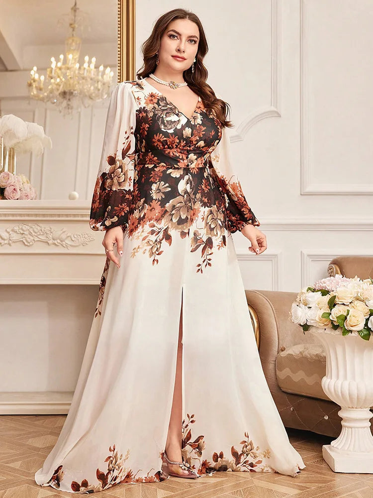 TOLEEN Plus Size Floral Print Lantern Sleeve Maxi Dress