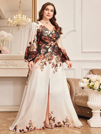 TOLEEN Plus Size Floral Print Lantern Sleeve Maxi Dress