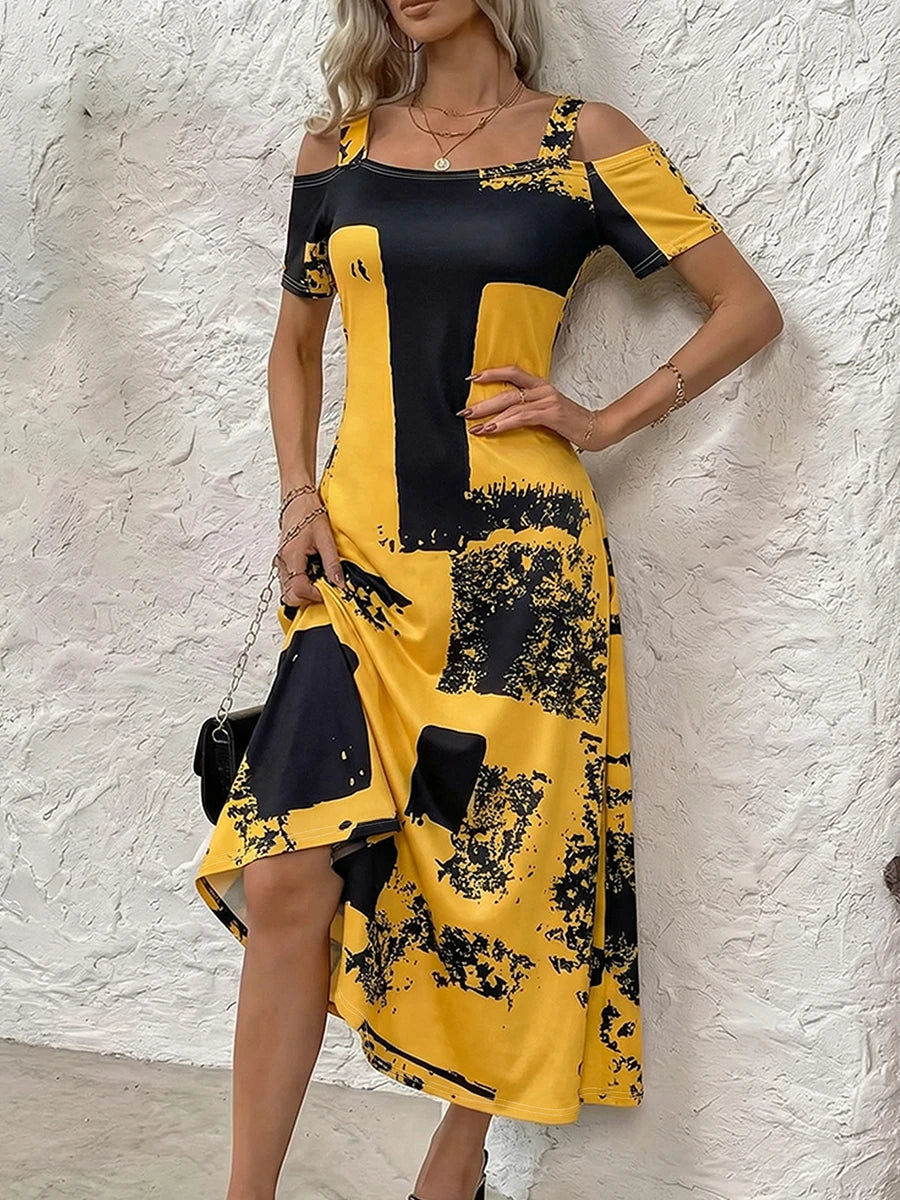Plus Size Abstract Cold Shoulder Maxi Dress