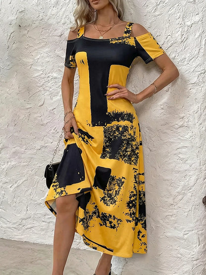 Plus Size Abstract Cold Shoulder Maxi Dress