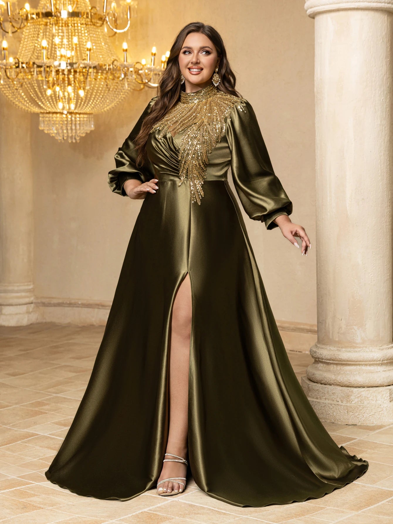 UNITHORSE Plus Size Beaded Sequin Satin Formal Dress