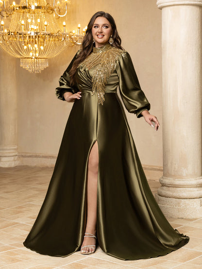 UNITHORSE Plus Size Beaded Sequin Satin Formal Dress