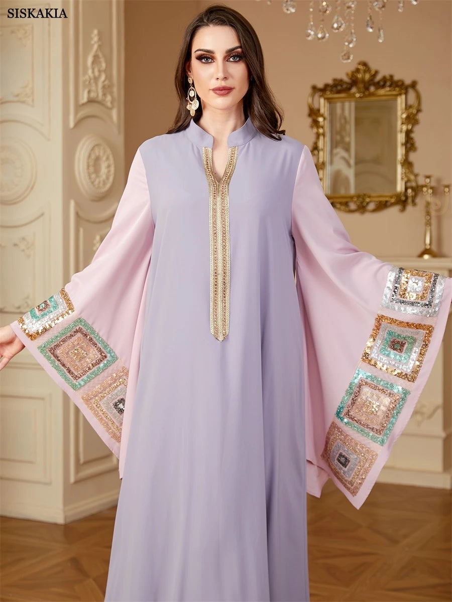 Siskakia Sequin Patchwork Batwing Sleeve Abaya Dress for Women