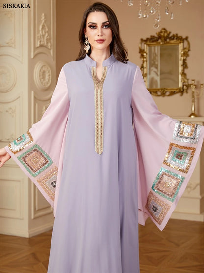 Siskakia Sequin Patchwork Batwing Sleeve Abaya Dress for Women