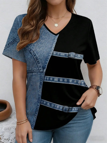 Women’s Denim Print V-Neck Casual T-Shirt