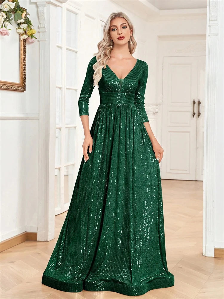 Luxury Blue Sequin V-Neck Evening Gown for Women
