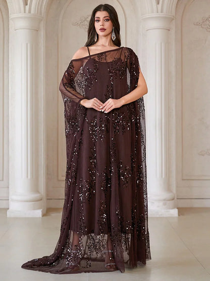 TOLEEN Sequin Ruffle Batwing Sleeve Robe Dress