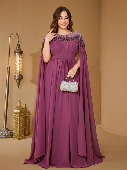 UNITHORSE Plus Size Sequin Cape Sleeve Evening Dress