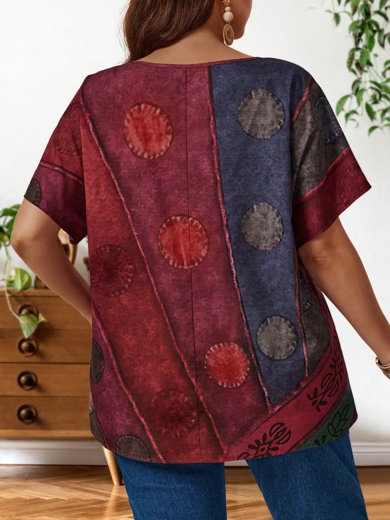 Plus Size Color Block Batwing Sleeve Blouse