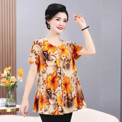 Plus Size Floral Print Pleated T-Shirt