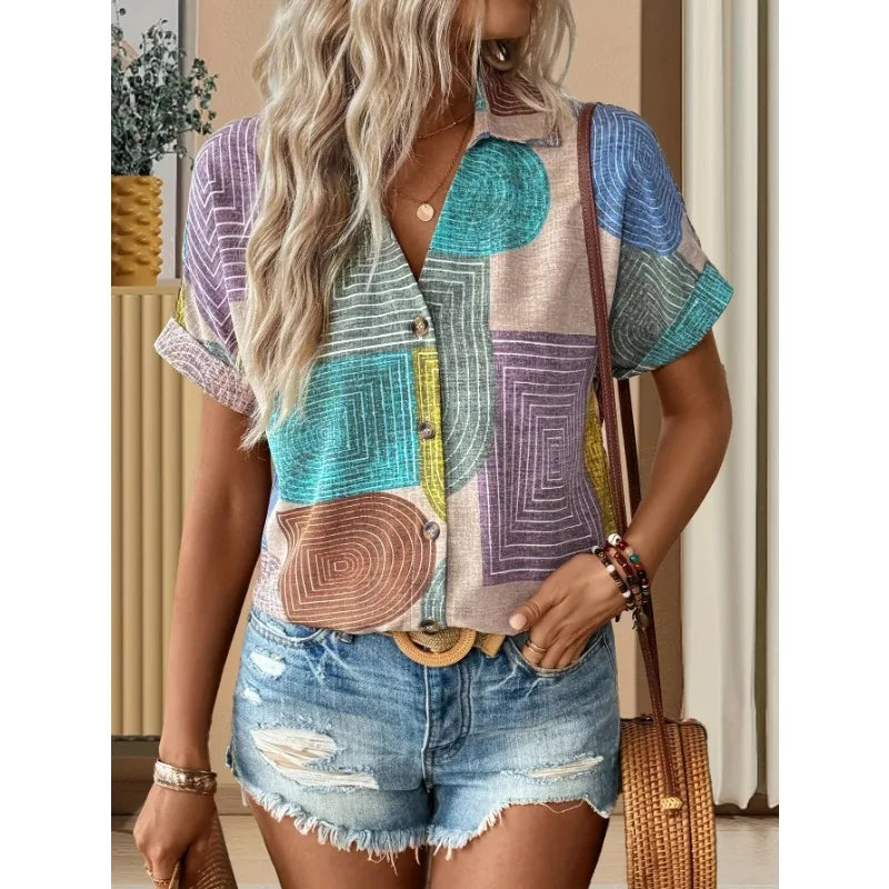 Plus Size Printed V-Neck Button T-Shirt Top