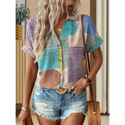 Plus Size Printed V-Neck Button T-Shirt Top
