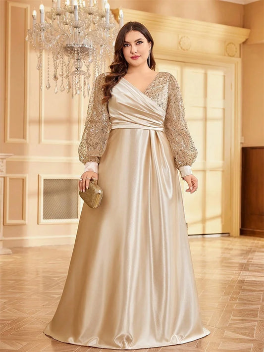 Plus Size Green Sequin V-Neck Evening Gown