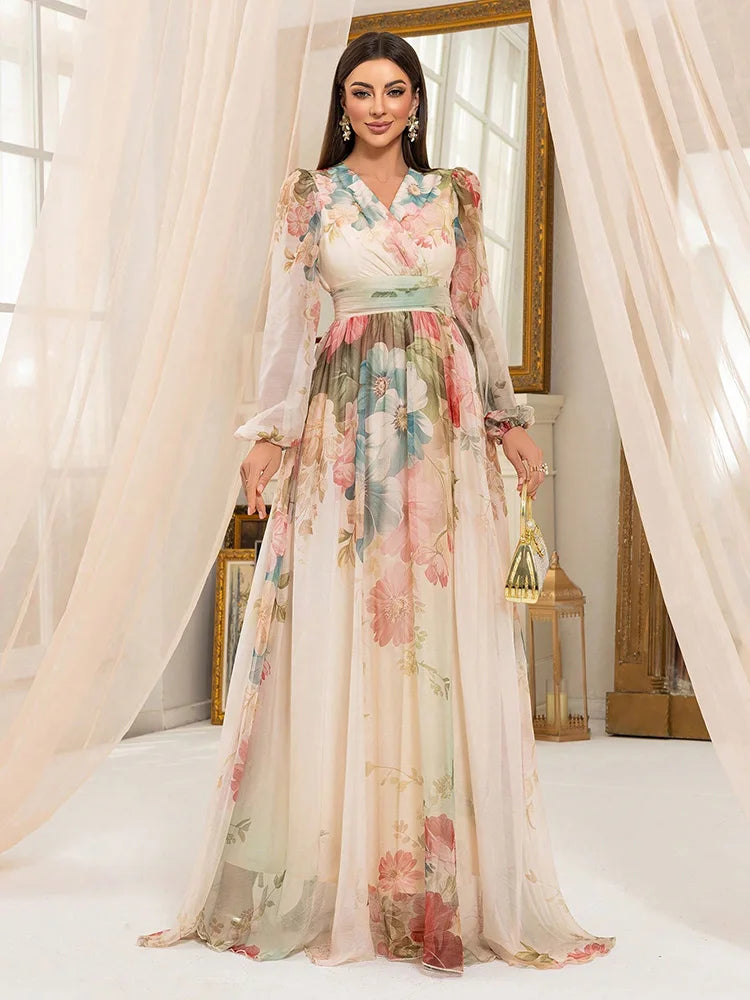 TOLEEN Women’s Floral Print Lantern Sleeve Maxi Dress