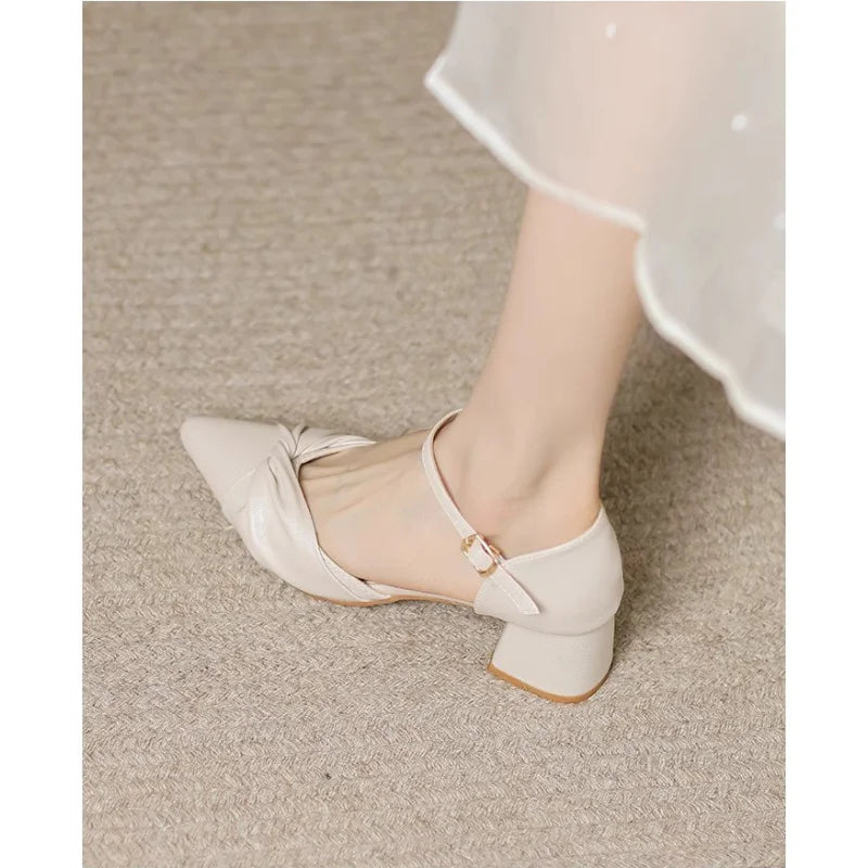 Elegant Bow Ankle Strap Block Heel Pumps for Women