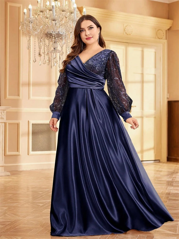 Plus Size Green Sequin V-Neck Evening Gown