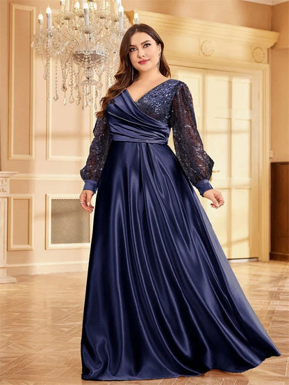 Plus Size Green Sequin V-Neck Evening Gown