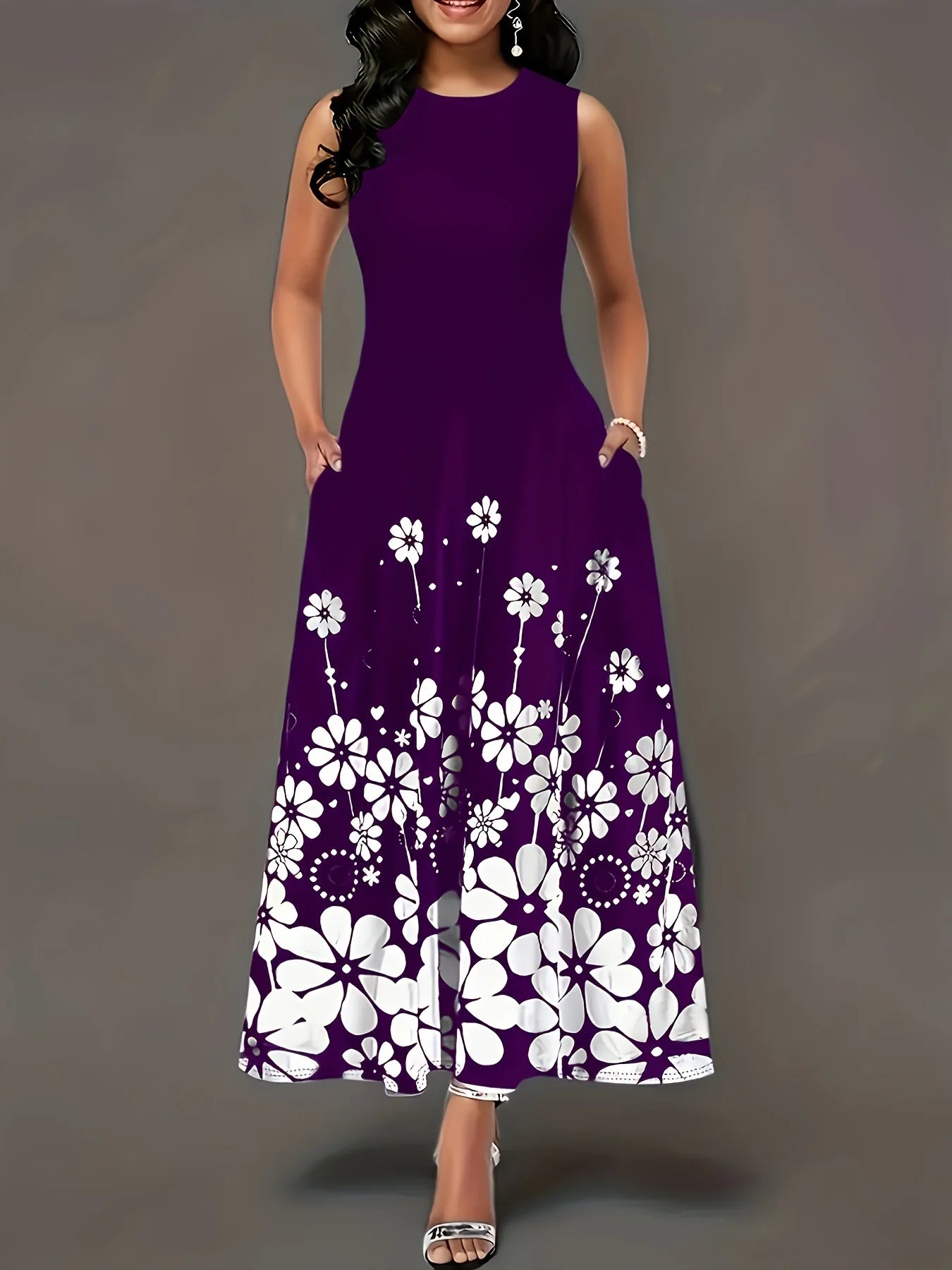 Women’s Black & White Floral Sleeveless Maxi Dress