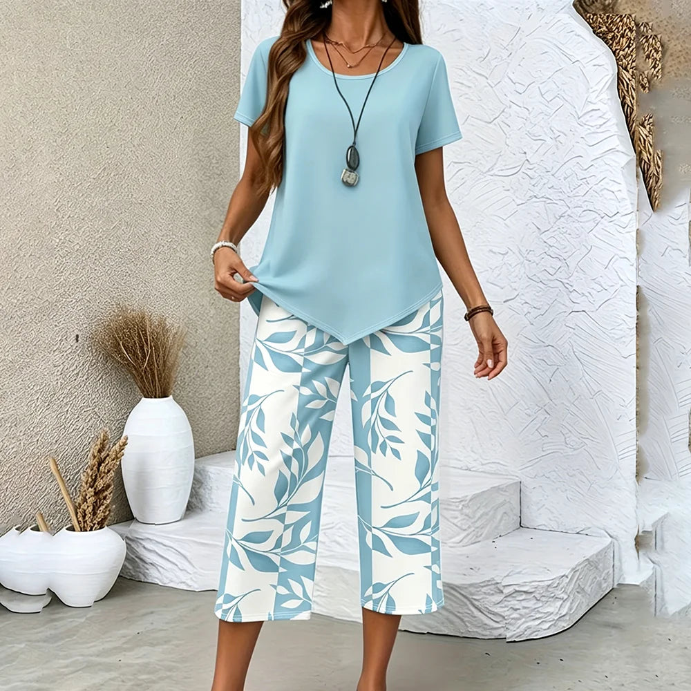Women’s Leaf Print Pants & Asymmetrical Top Set