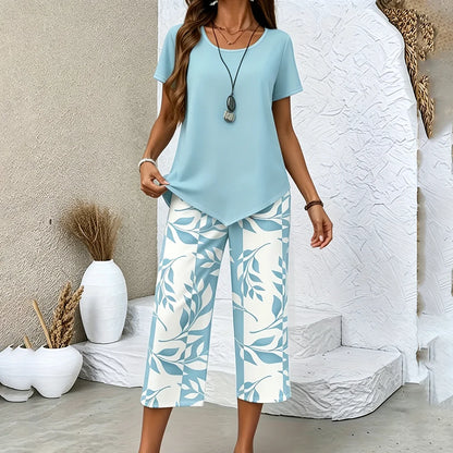 Women’s Leaf Print Pants & Asymmetrical Top Set