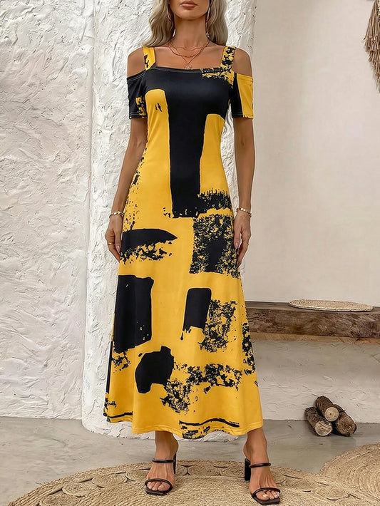 Plus Size Abstract Cold Shoulder Maxi Dress