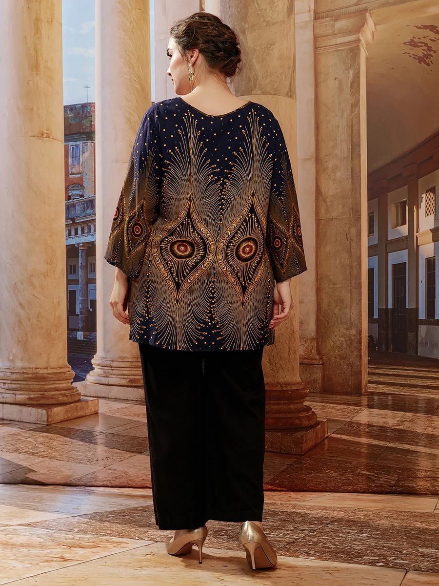 Plus Size Retro Print Oversized Blouse Top