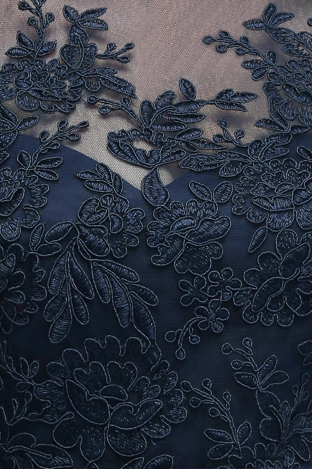 Navy Blue Lace Appliqué Tulle Evening Gown for Women