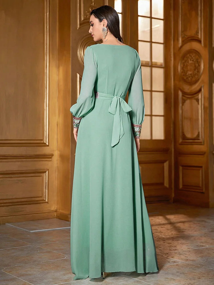 TOLEEN Luxury Floral Embroidery Kaftan Jalabiya Dress