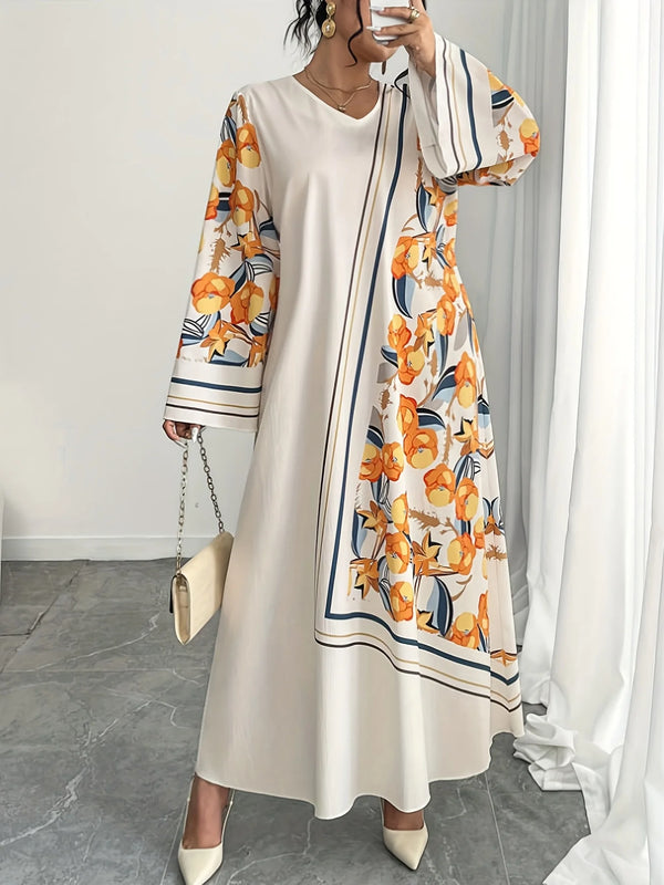 Plus Size Ethnic Print V-Neck Robe Dress