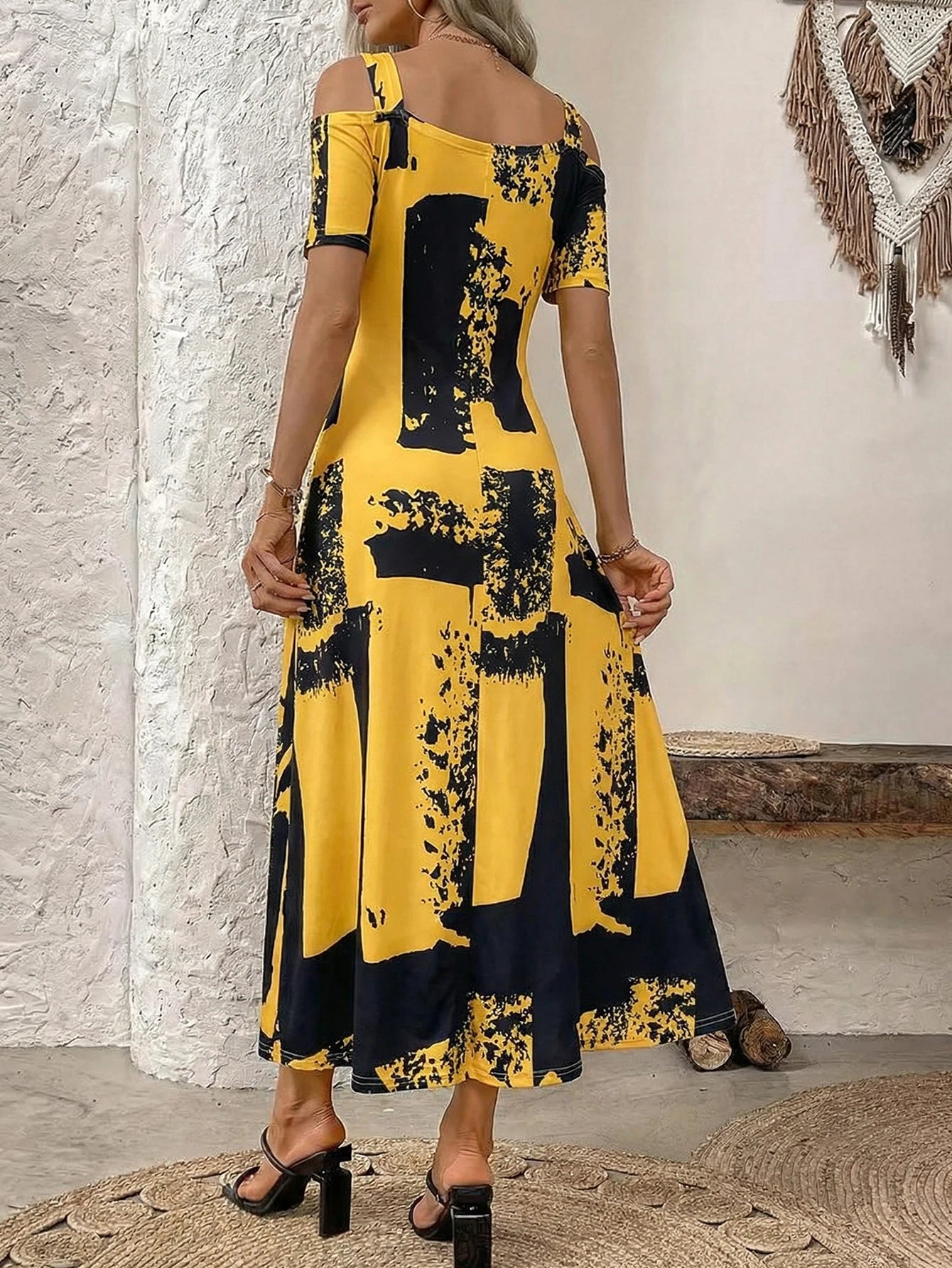 Plus Size Abstract Cold Shoulder Maxi Dress