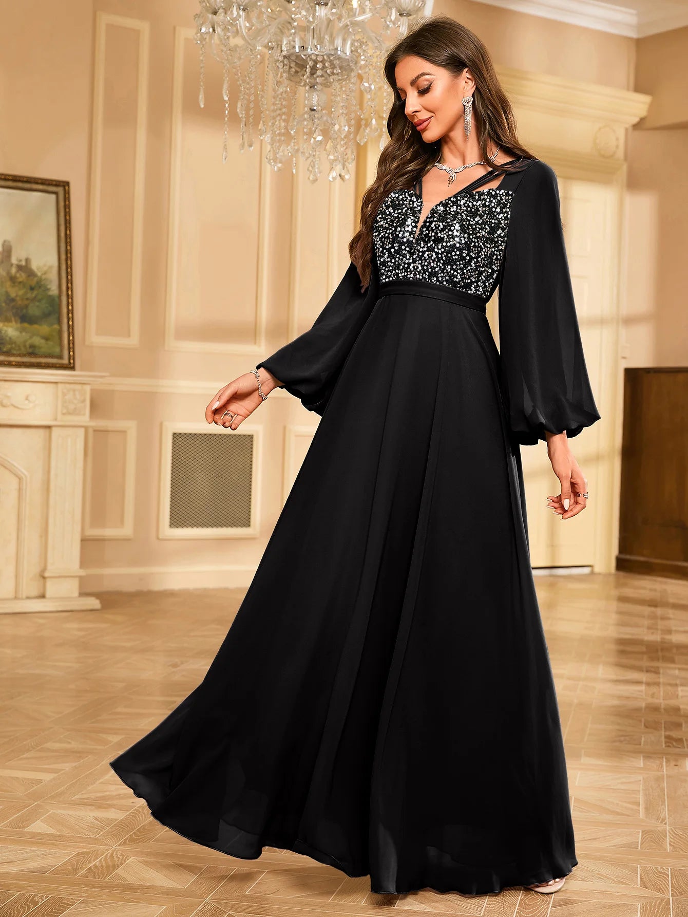 UNITHORSE Glitter Lantern Sleeve Party Dress