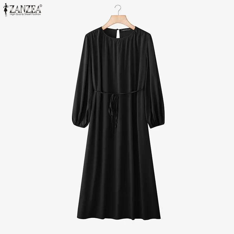 ZANZEA Elegant Lantern Sleeve Pleated Abaya Kaftan Dress for Women
