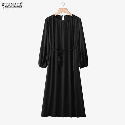 ZANZEA Elegant Lantern Sleeve Pleated Abaya Kaftan Dress for Women