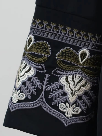 Middle East Style Muslim Kaftan Black Fabric Embroidered Sleeve Design White Line Accents for Gulf Region Modest Fashion Events