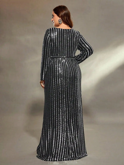 Mgiacy V-Neck Sequin Slit A-Line Maxi Dress