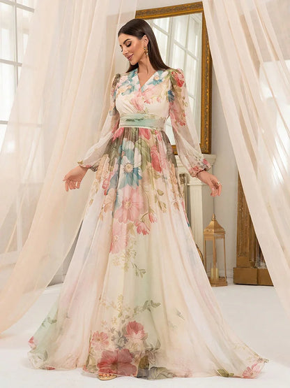 TOLEEN Women’s Floral Print Lantern Sleeve Maxi Dress